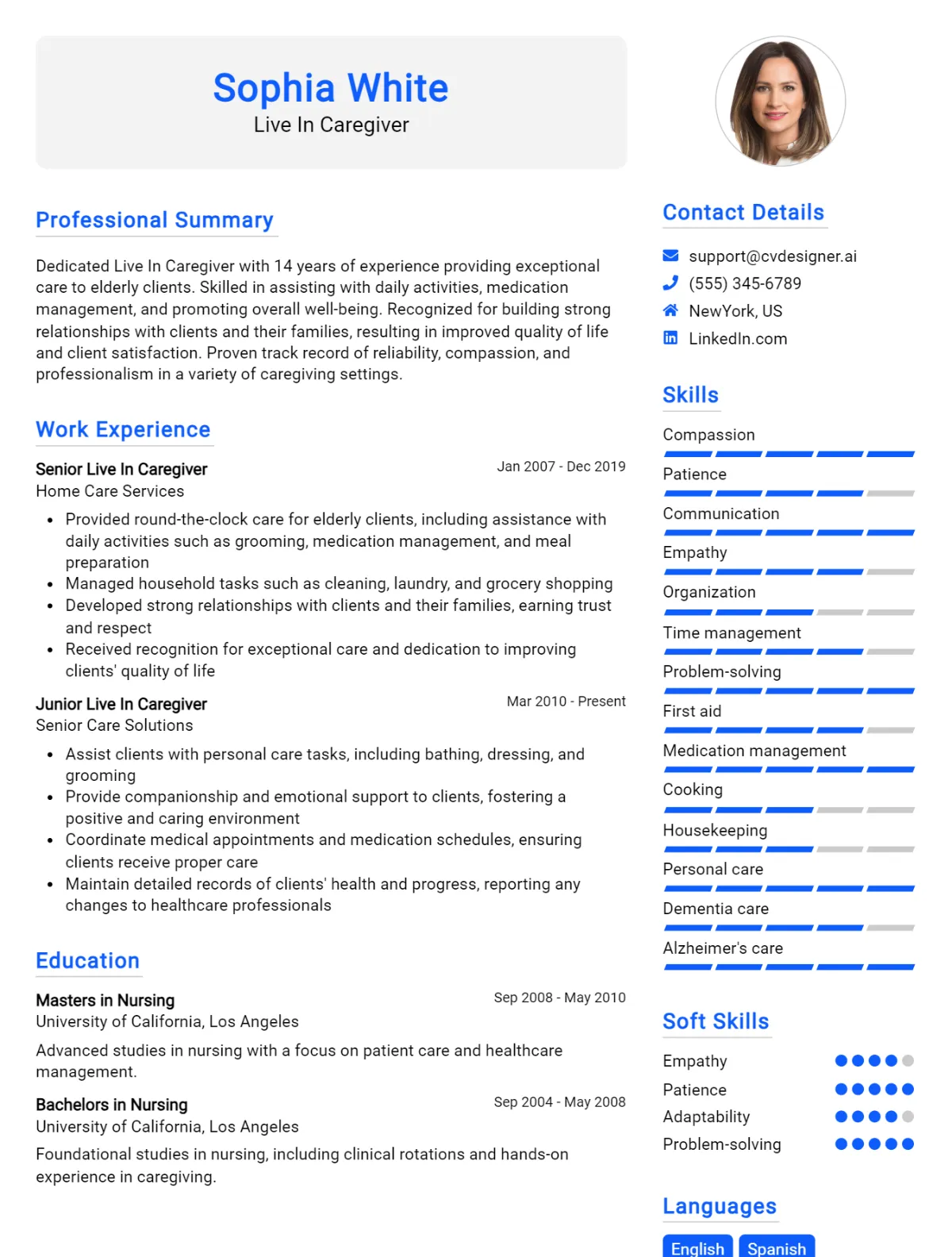 Live In Caregiver CV Example