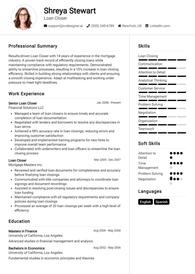 Loan Closer Resume Example for 2025: Best Tips & Templates