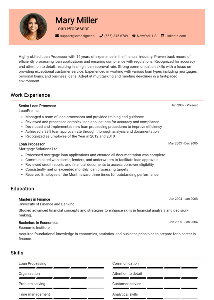 Loan Processor Resume Example for 2024: Examples & Free Templates ...