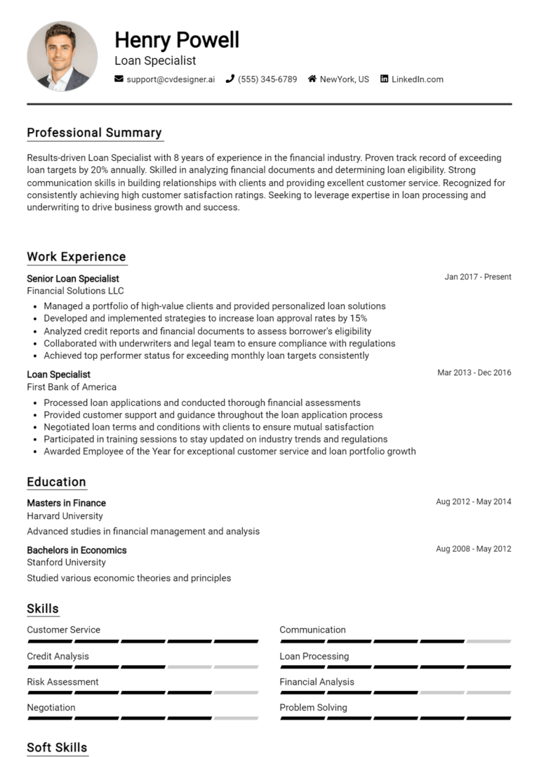 Loan Specialist Resume Example for 2025: Free Professional Templates