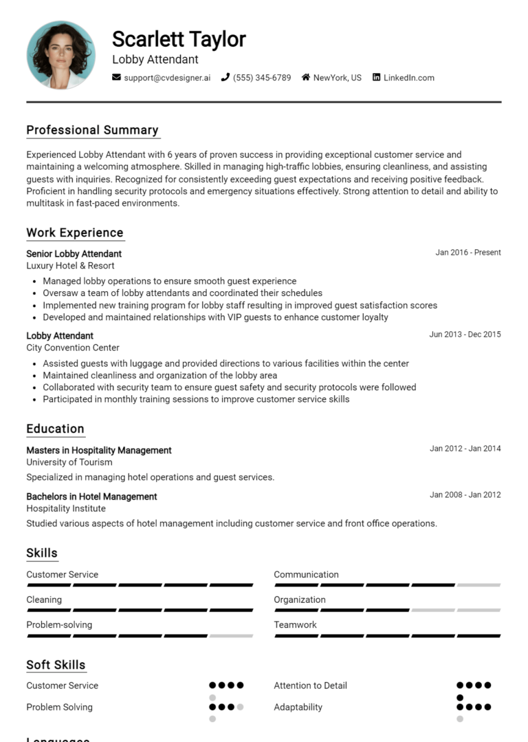 Lobby Attendant Resume Example for 2025: Expert Tips & Templates