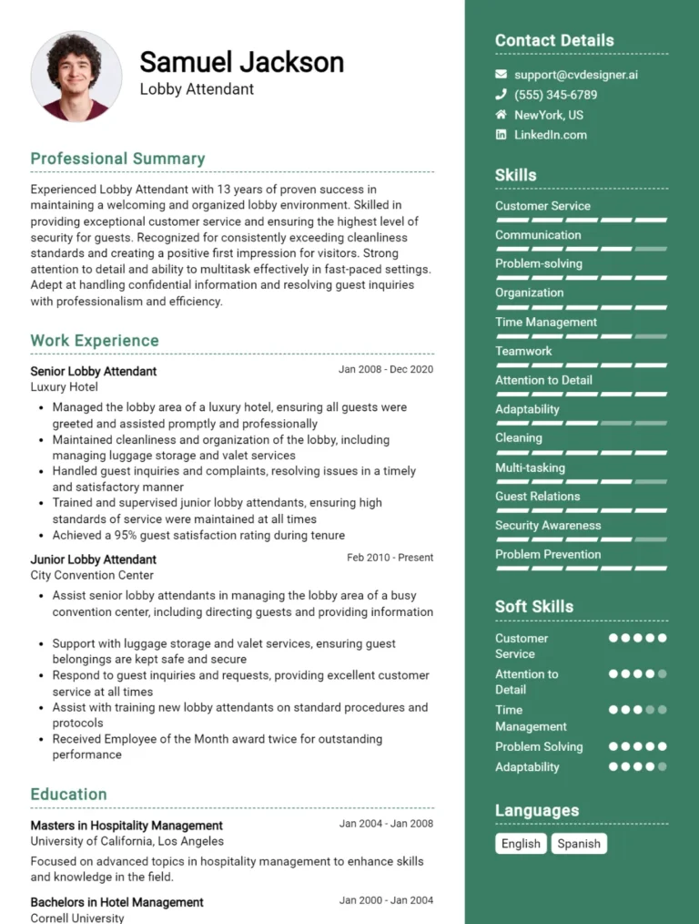 Lobby Attendant CV Example For 2025: Ultimate Guide