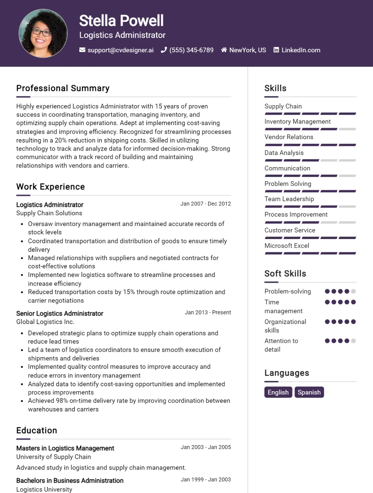 Logistics Administrator CV Example