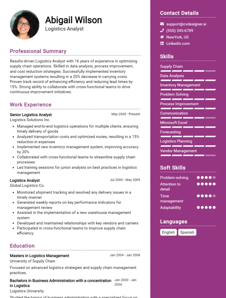 Logistics Analyst CV Example