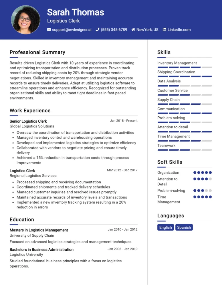 Logistics Clerk CV Example