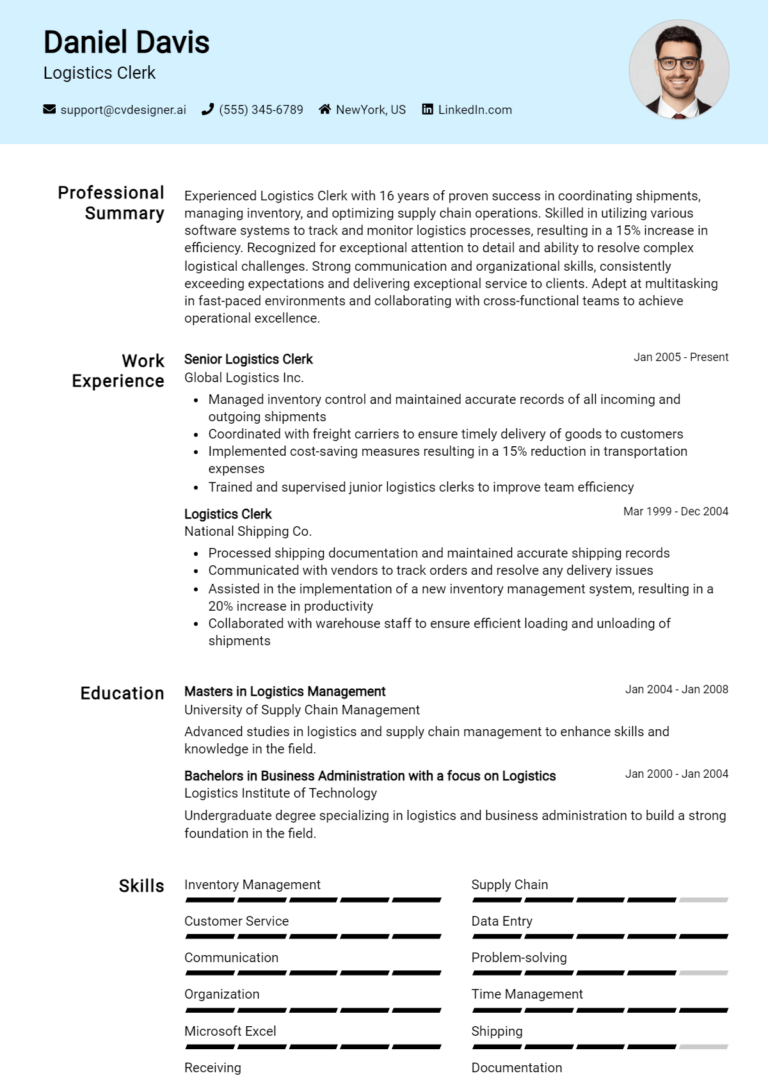 Logistics Clerk Resume Example for 2025: Top CV Skills