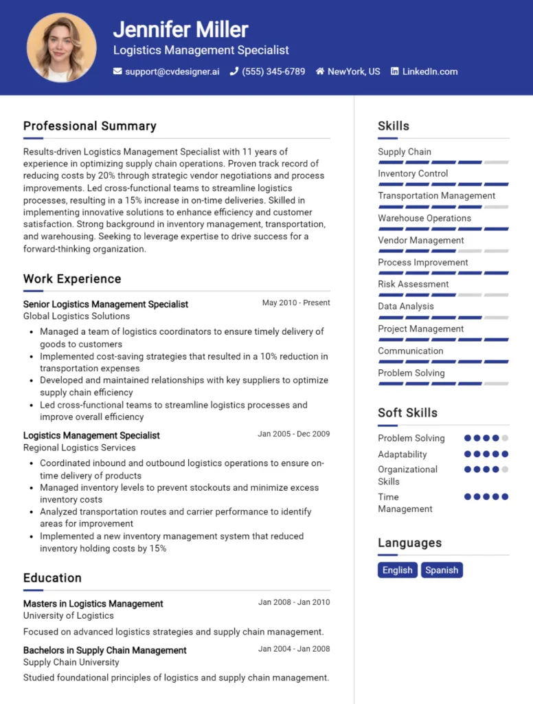 Logistics Management Specialist CV Example