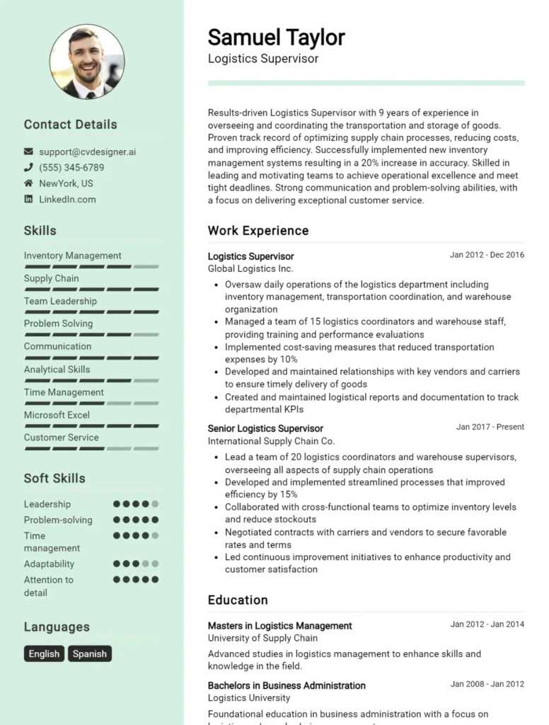 Logistics Supervisor CV Example