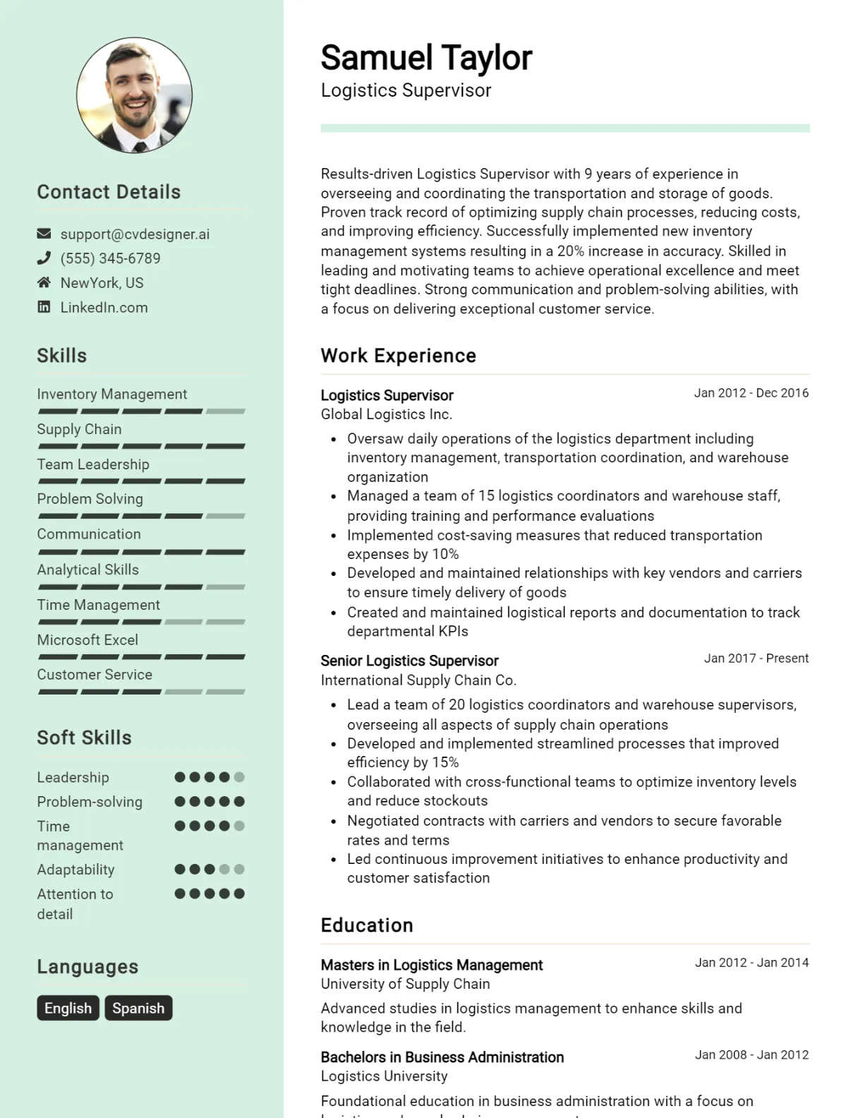 Logistics Supervisor CV Example