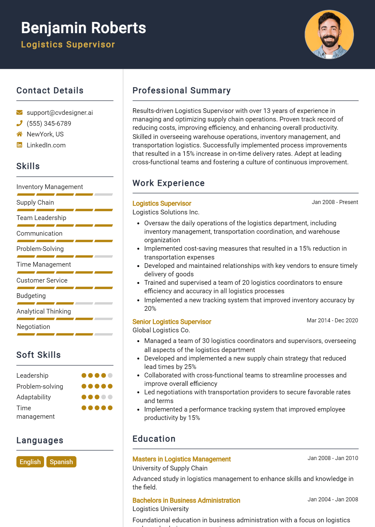 Logistics Supervisor Resume Example