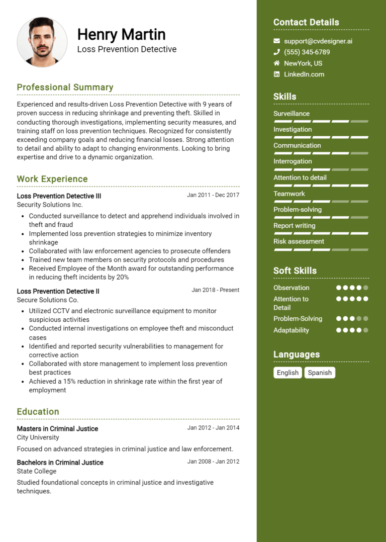 Loss Prevention Detective Resume Example for 2025: Effective Tips
