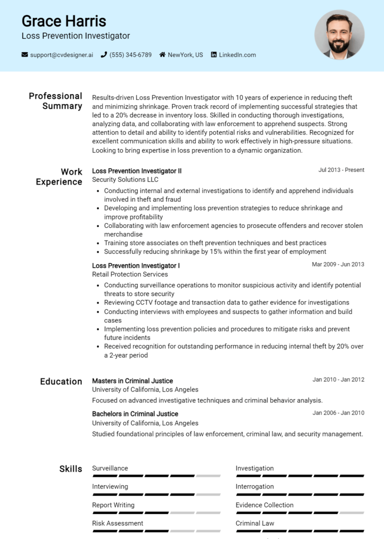 Loss Prevention Investigator Resume Example for 2025: Best Writing Tips