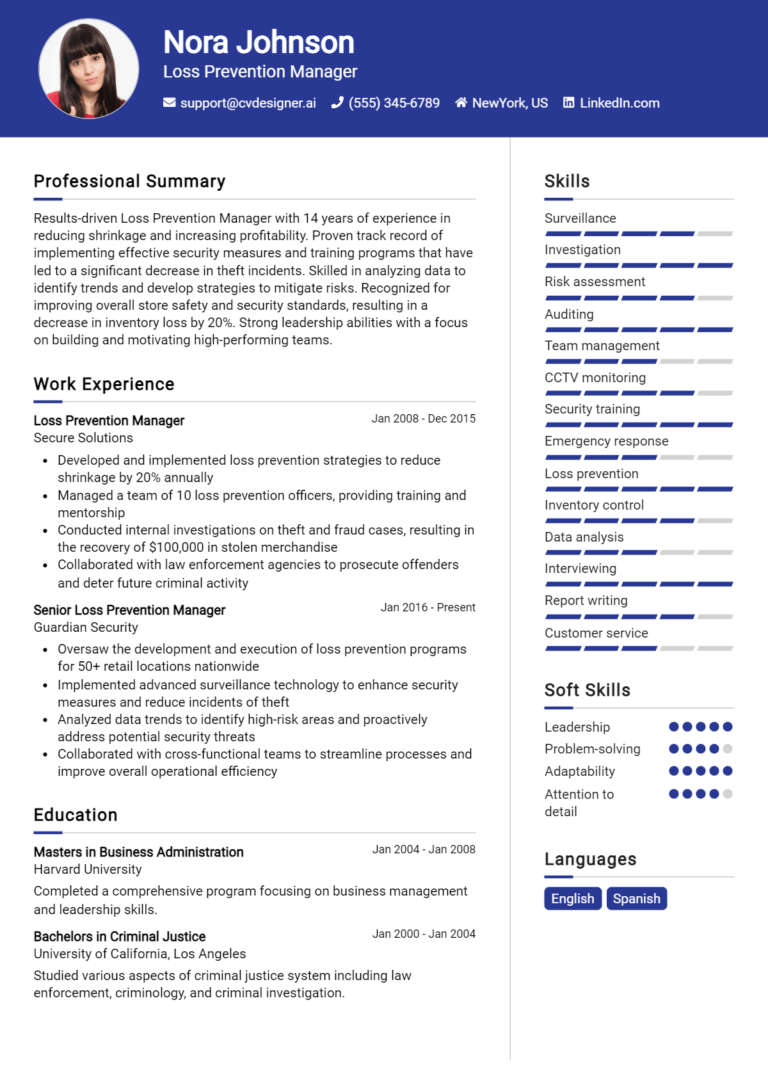 Loss Prevention Manager Resume Example for 2025: Resume Guide
