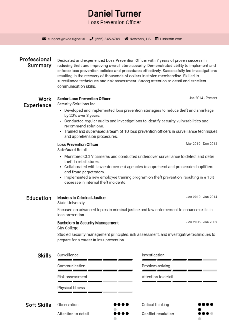 Loss Prevention Officer Resume Example for 2025: Ultimate Guide