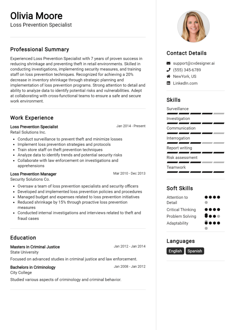 Loss Prevention Specialist Resume Example for 2025: Samples & Best Practices