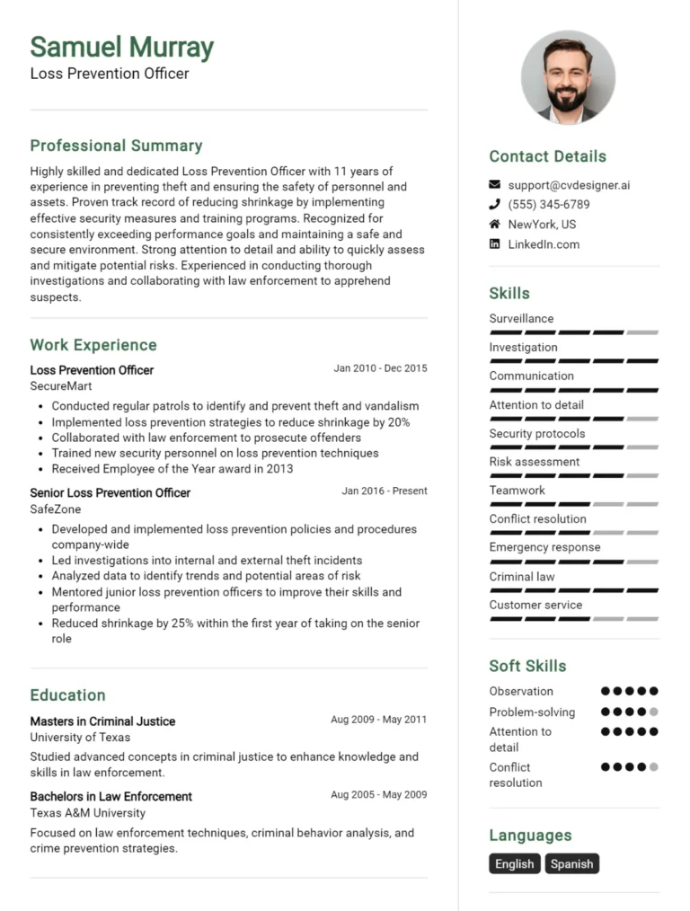 Loss Prevention Officer CV Example For 2025: Free Downloadable Templates
