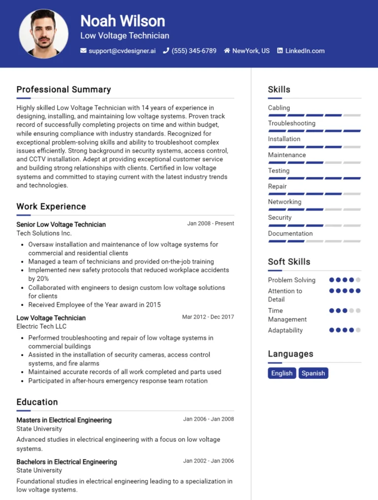 Low Voltage Technician CV Example For 2025: Ultimate Guide