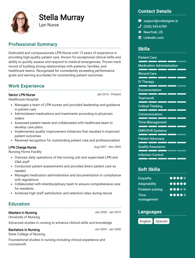 LPN Nurse CV Example For 2025: Top CV Skills