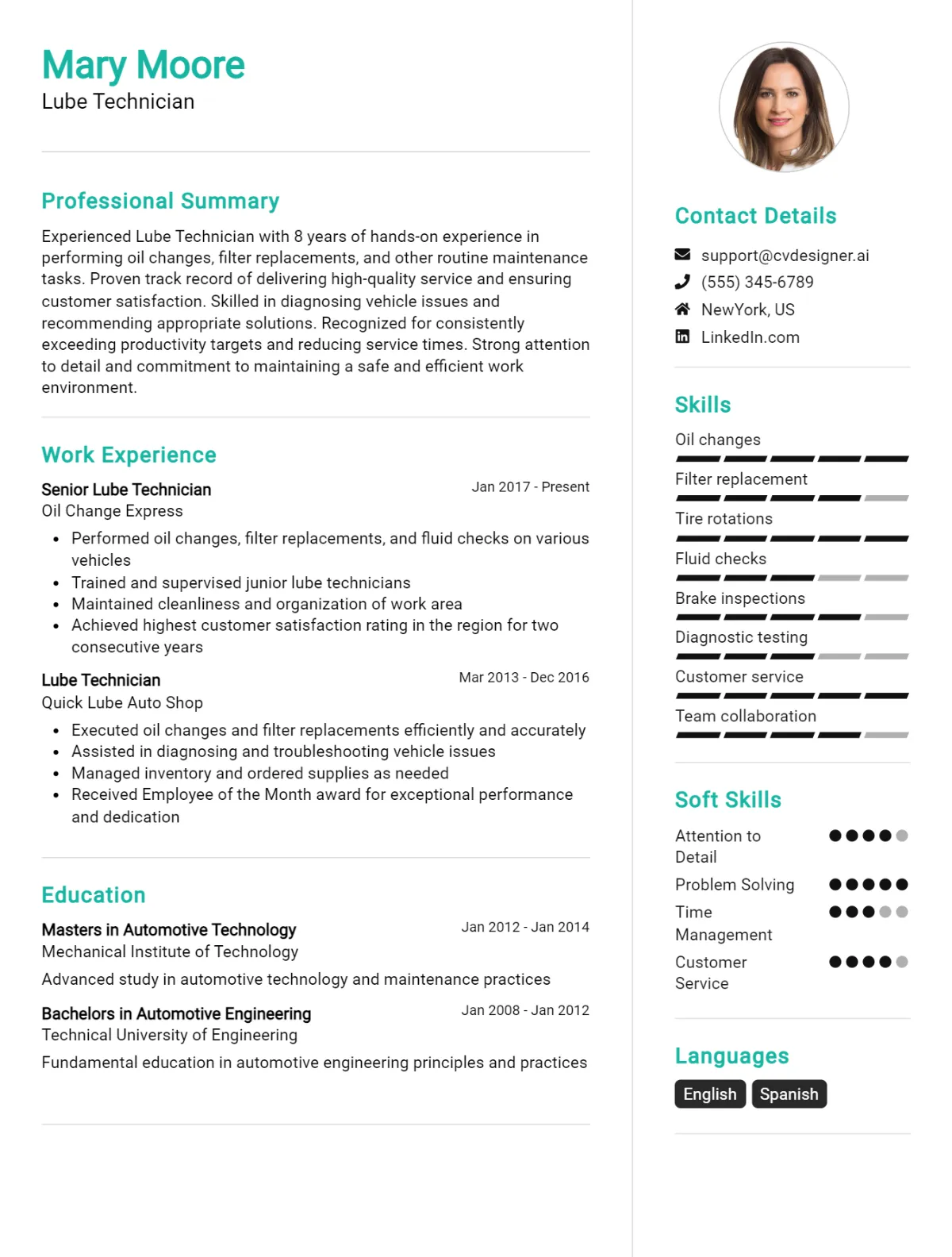Lube Technician CV Example
