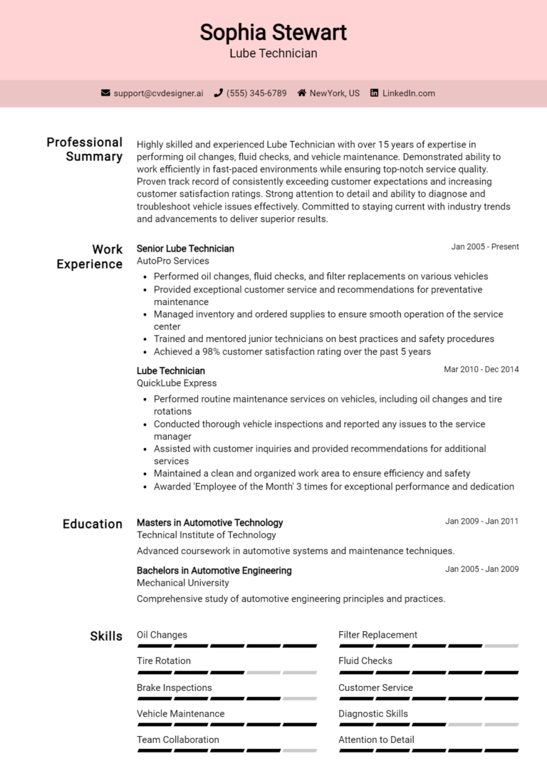 Lube Technician Resume Example for 2025: Top CV Skills