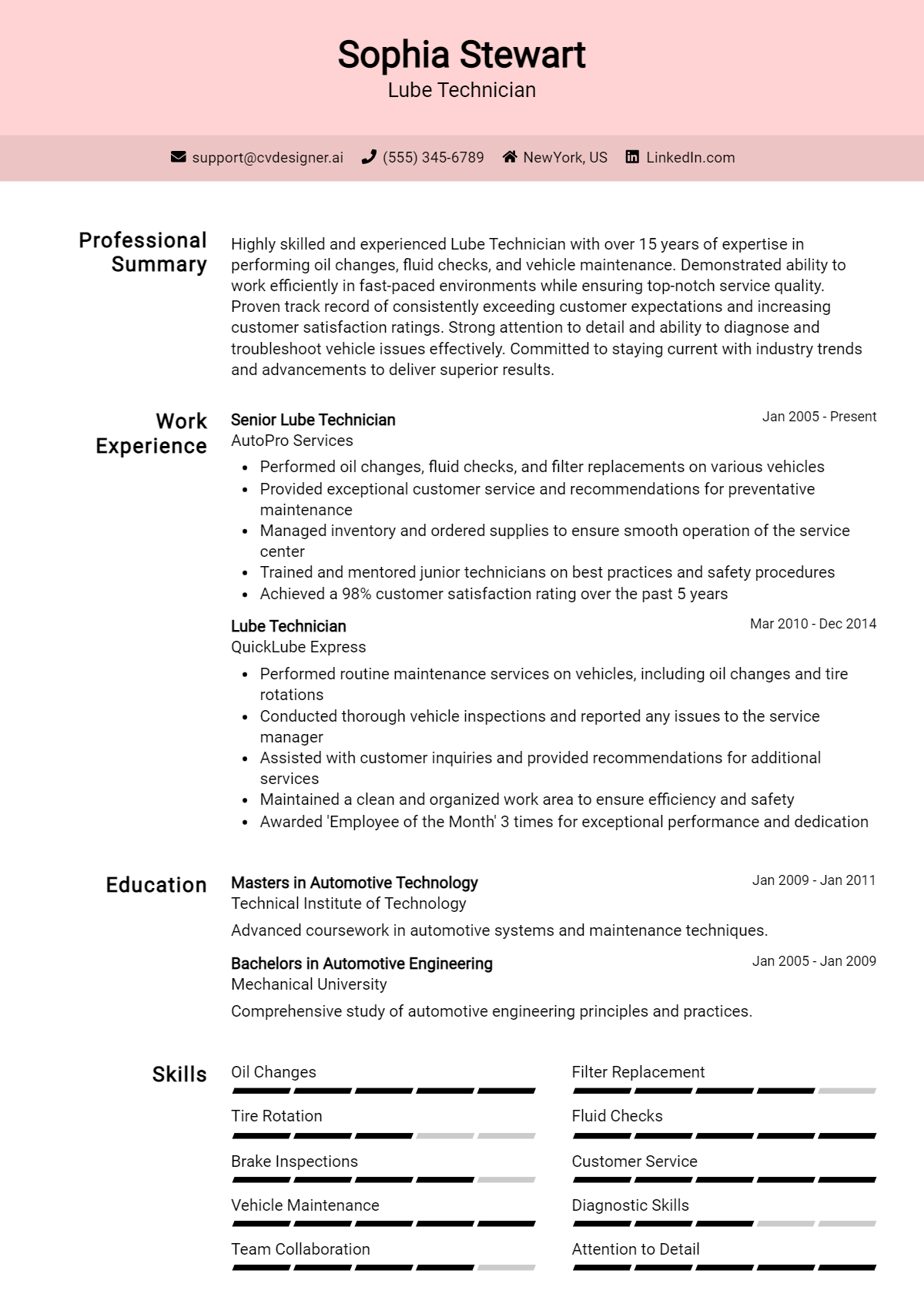 Lube Technician Resume Example