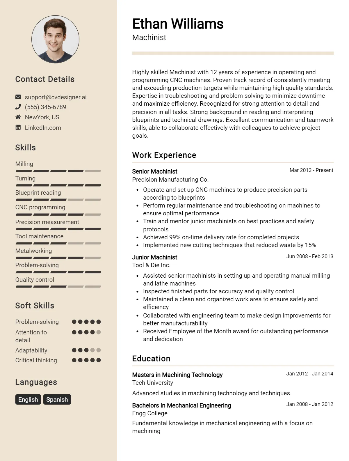 Machinist CV Example For 2024: How to Craft a Winning CV - CVDesigner.ai