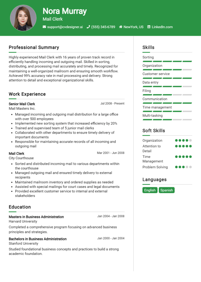 Mail Clerk Resume Example for 2025: Best Formatting Tips
