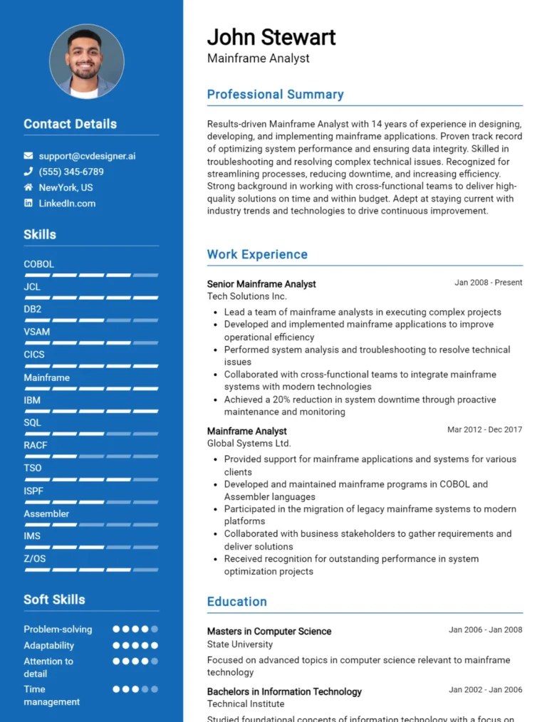 Mainframe Analyst CV Example For 2025: Free Professional Templates