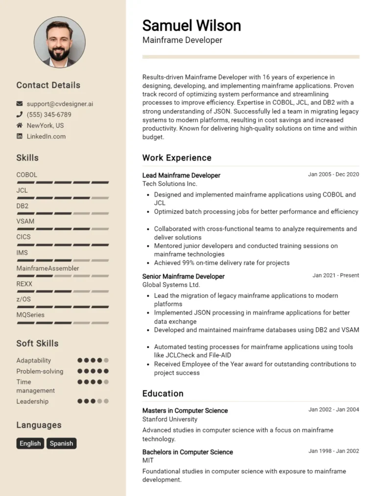 Mainframe Developer CV Example For 2025: Best Tips & Templates