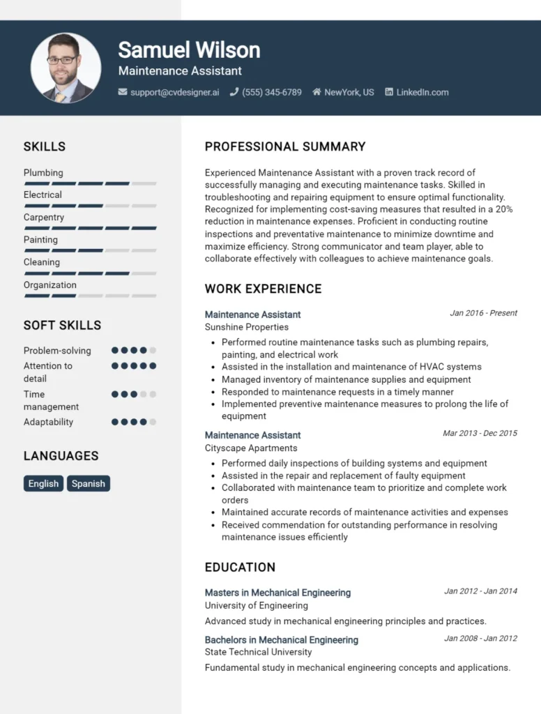 Maintenance Assistant CV Example