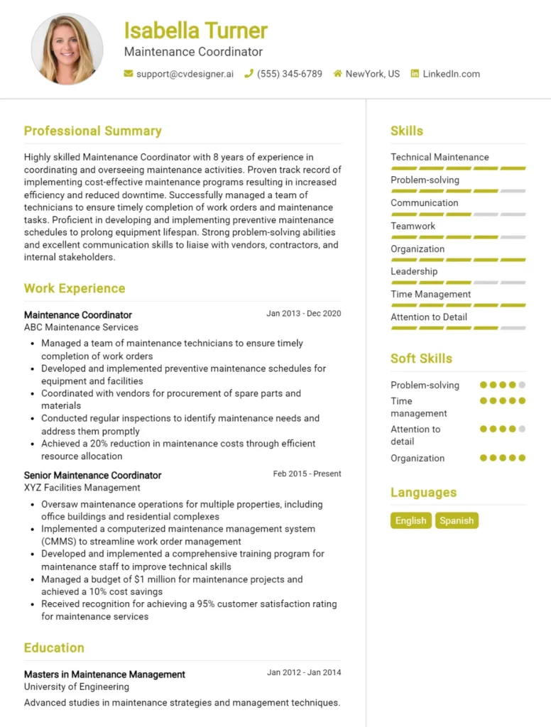 Maintenance Coordinator CV Example