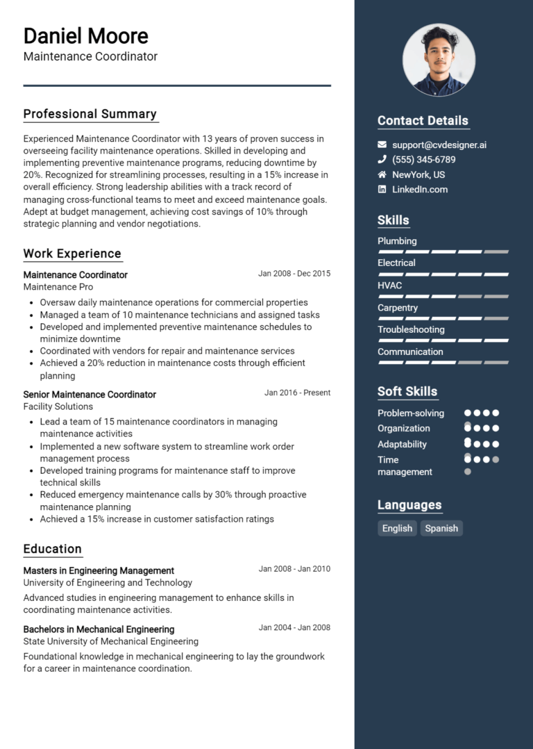 Maintenance Coordinator Resume Example for 2025: Best Tips & Templates