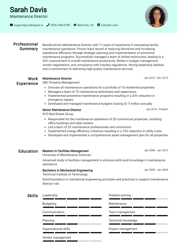 Maintenance Director Resume Example