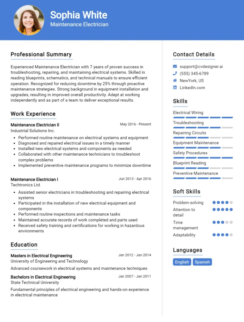 Maintenance Electrician CV Example