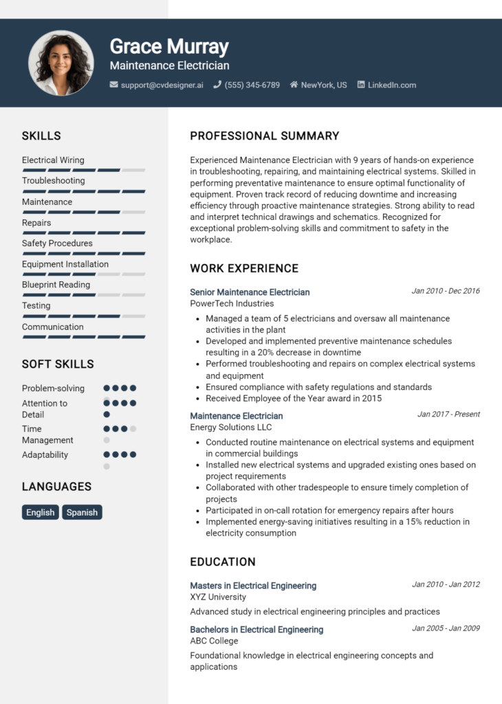 Maintenance Electrician Resume Example