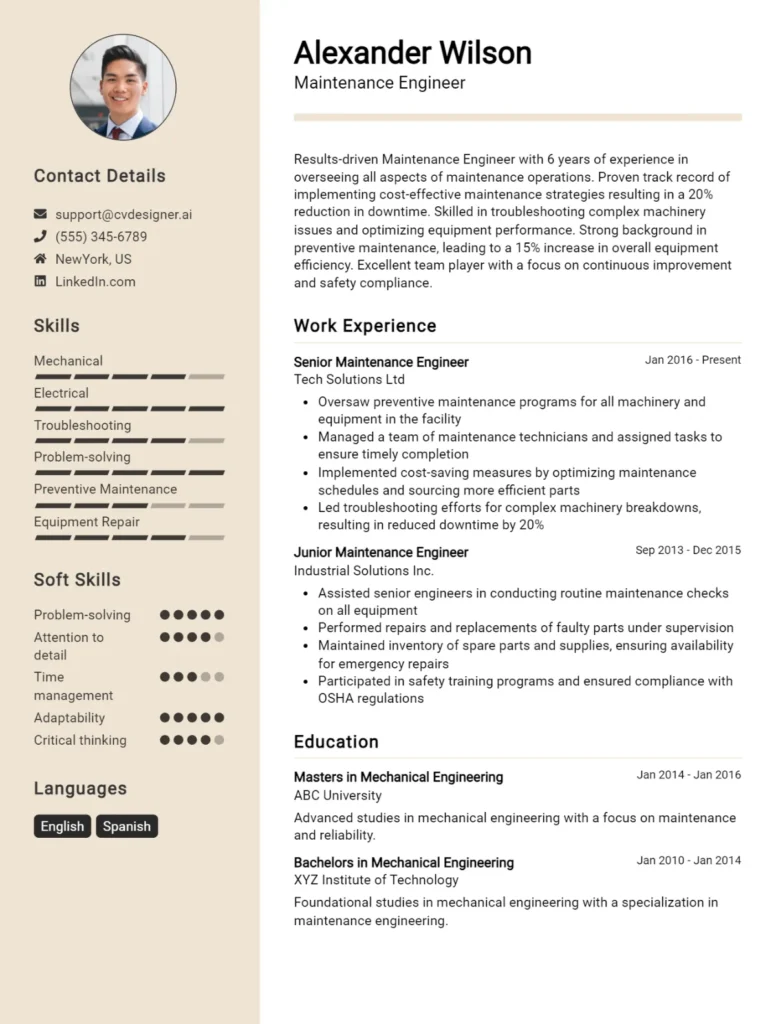 Maintenance Engineer CV Example