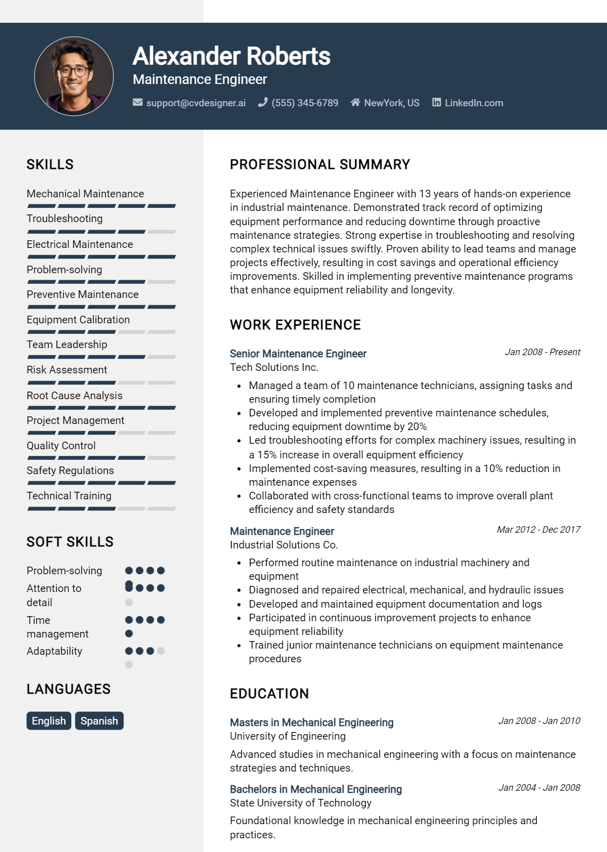 Maintenance Engineer Resume Example