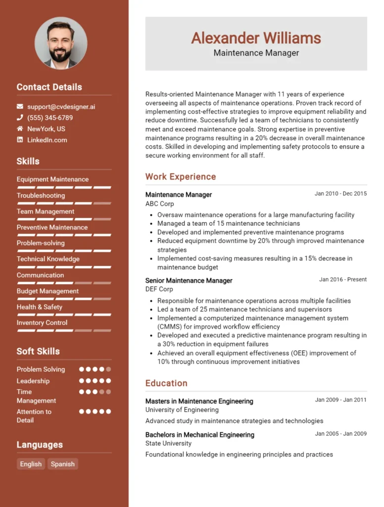 Maintenance Manager CV Example