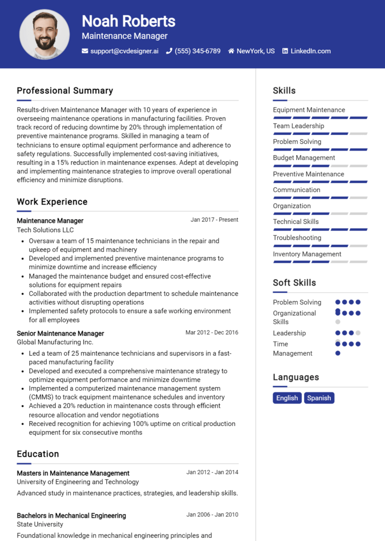 14 Maintenance Manager Resume Examples for 2025: Free Downloadable Templates
