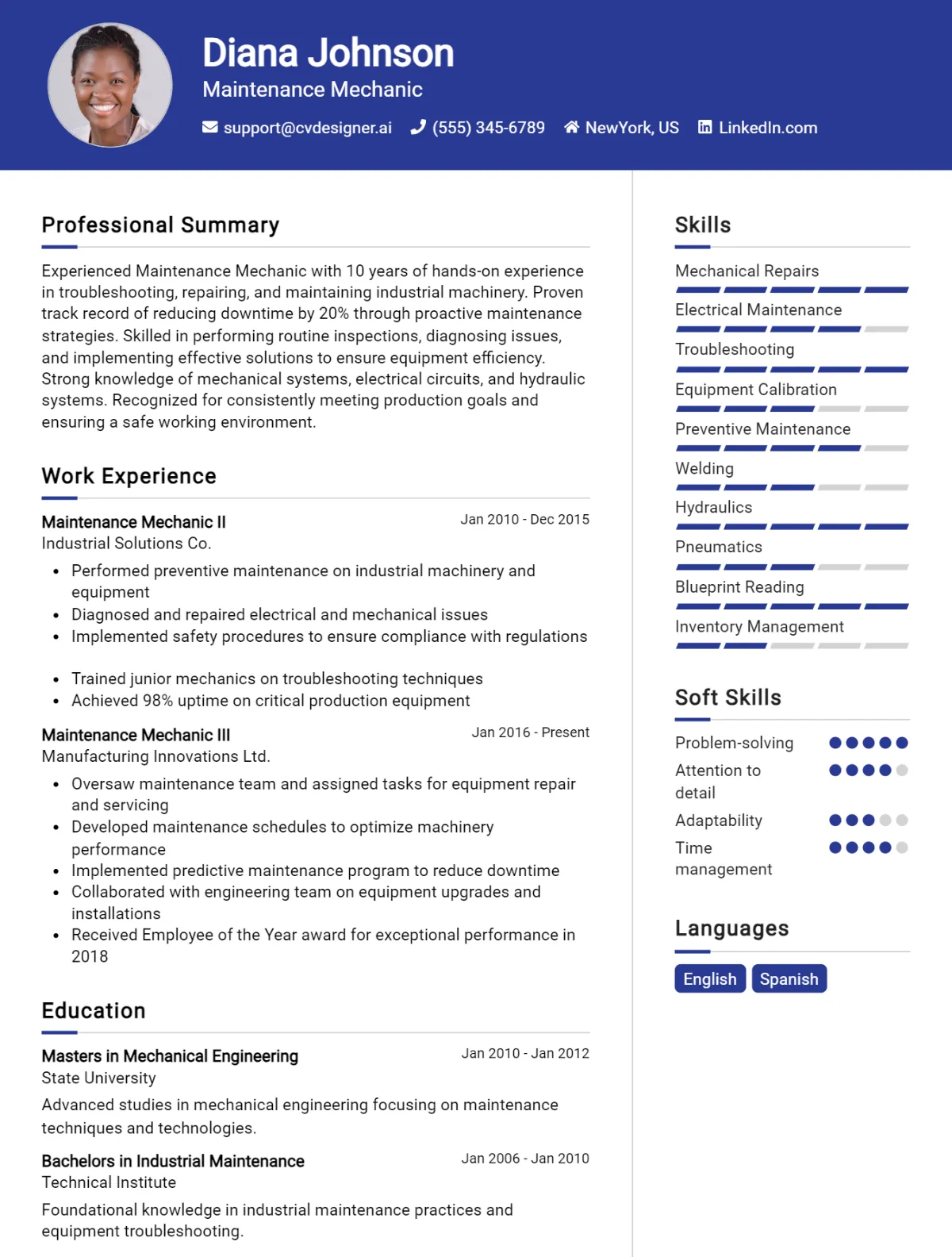 Maintenance Mechanic CV Example