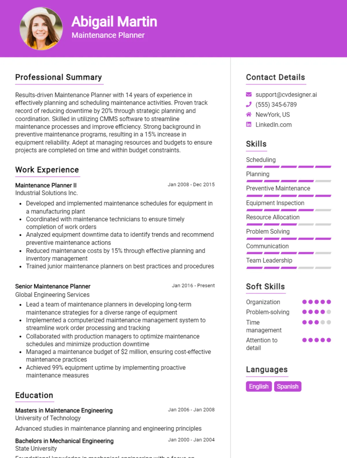 Maintenance Planner CV Example