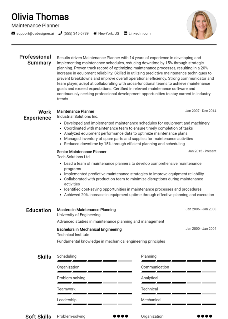 Maintenance Planner Resume Example