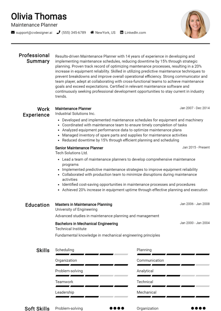 Maintenance Planner Resume Example for 2025: Top CV Skills