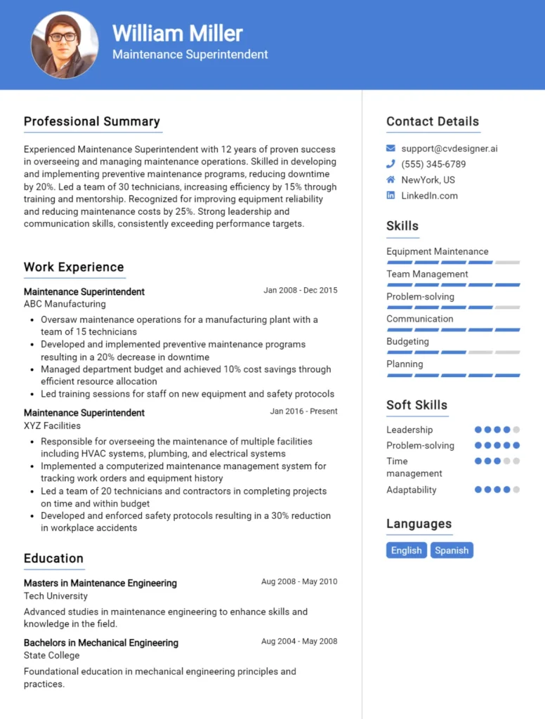 Maintenance Superintendent CV Example