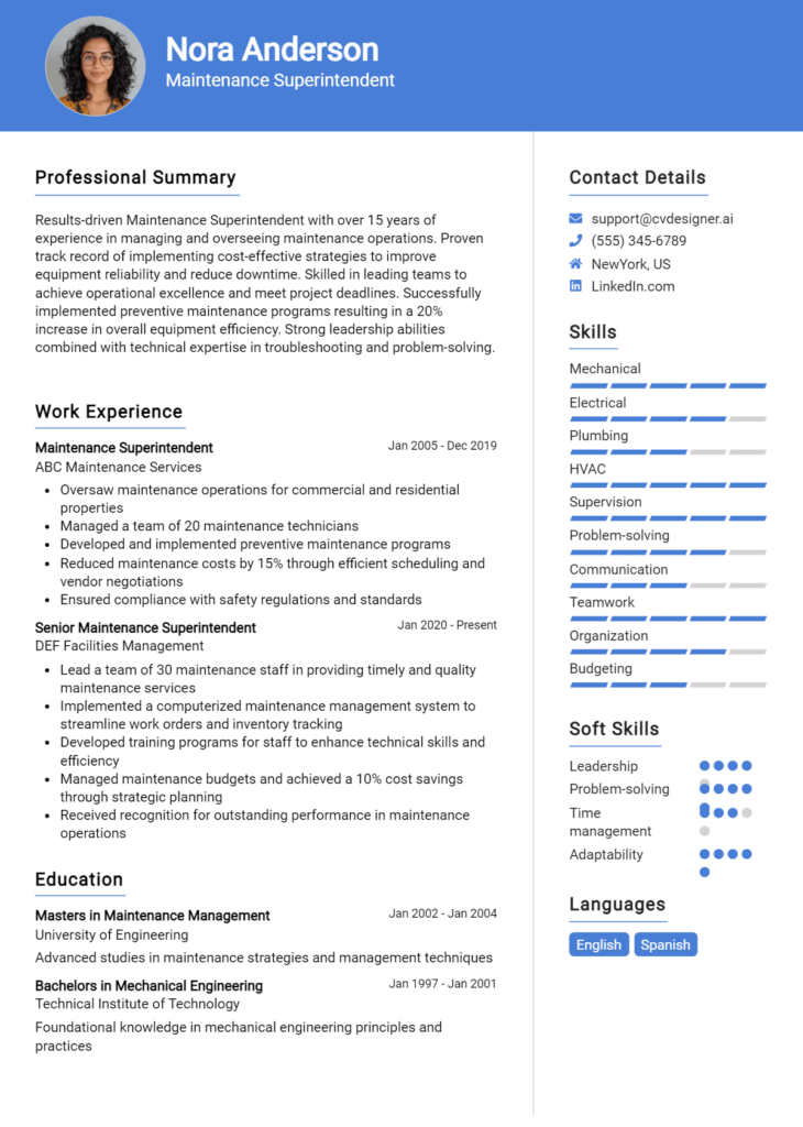Maintenance Superintendent Resume Example