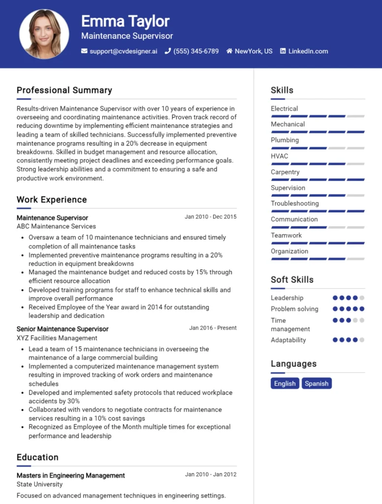 Maintenance Supervisor CV Example