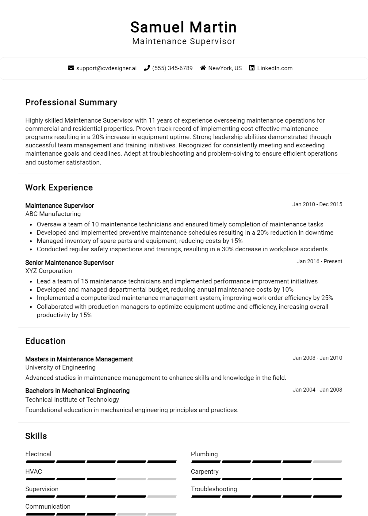 Maintenance Supervisor Resume Example