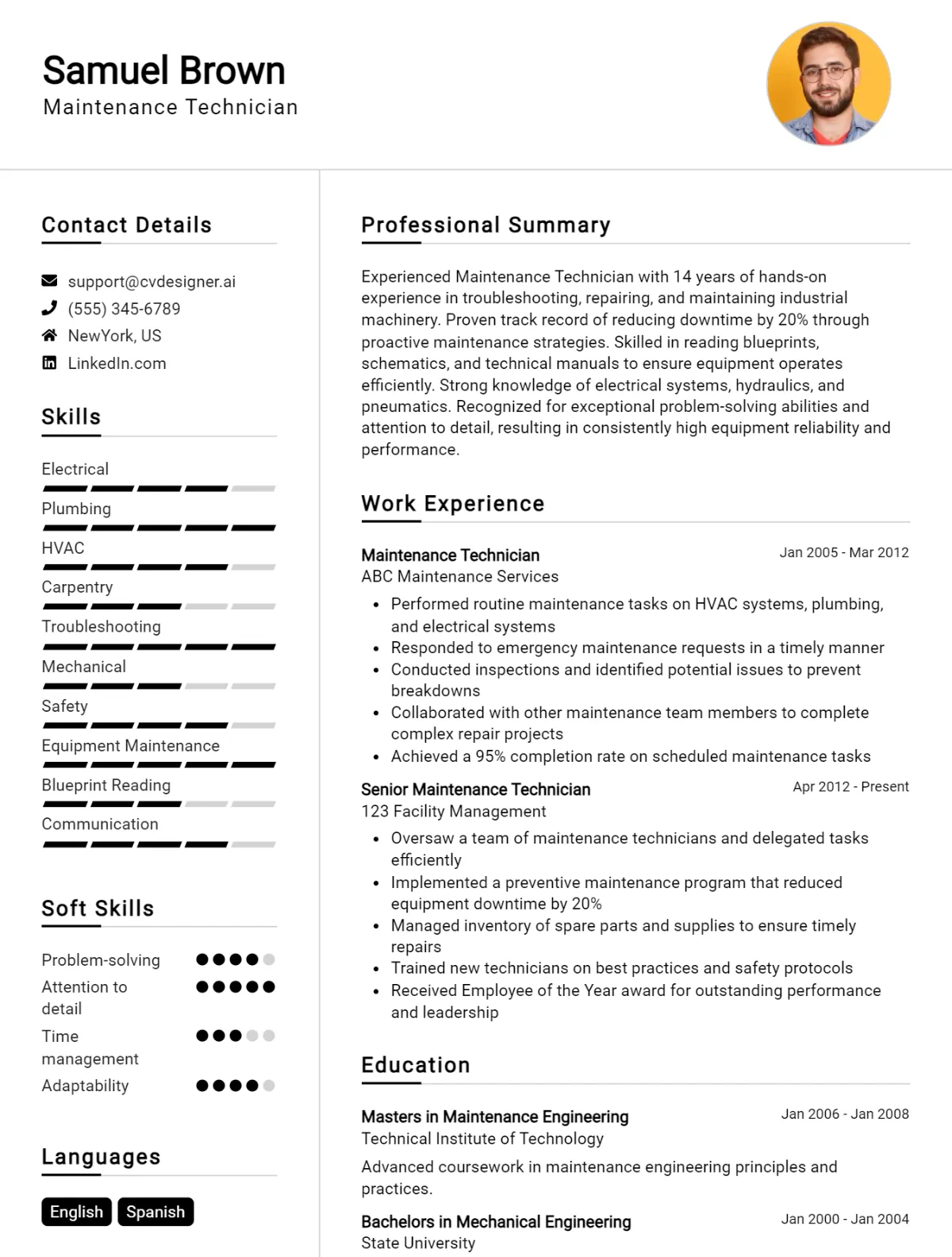 Maintenance Technician CV Example