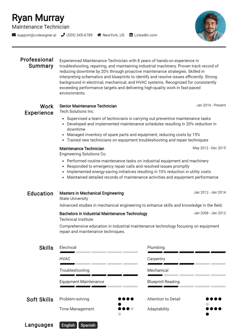 Maintenance Technician Resume Example for 2025: Free Professional Templates