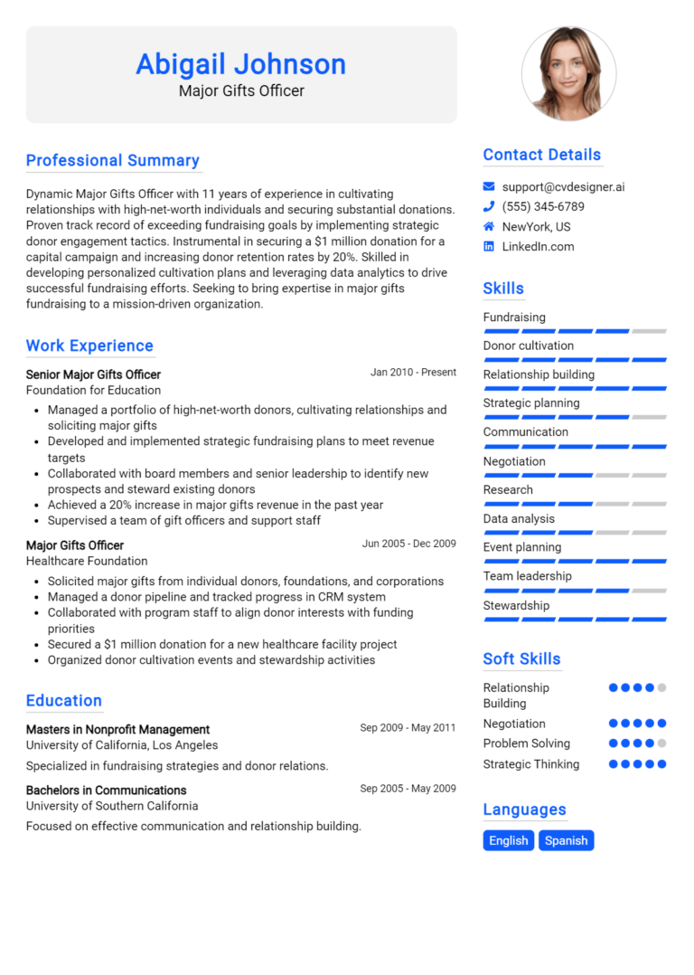 Major Gifts Officer Resume Example for 2025: Top CV Skills